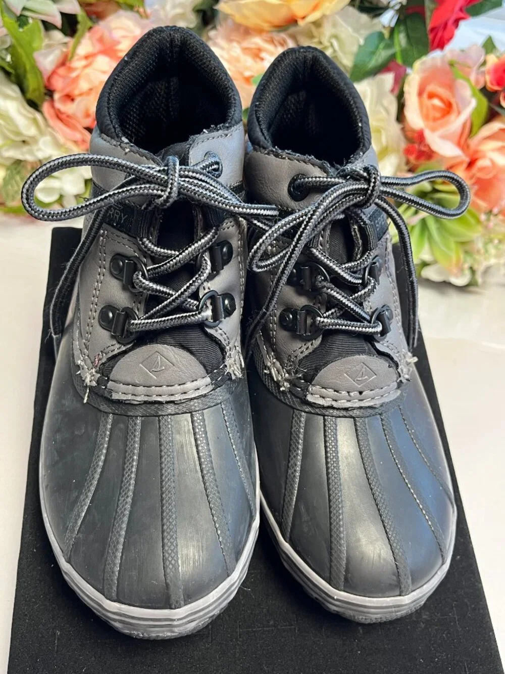 Sperry Bowline Storm Duck Boots Black Charcoal Kids Size 2 STK265260